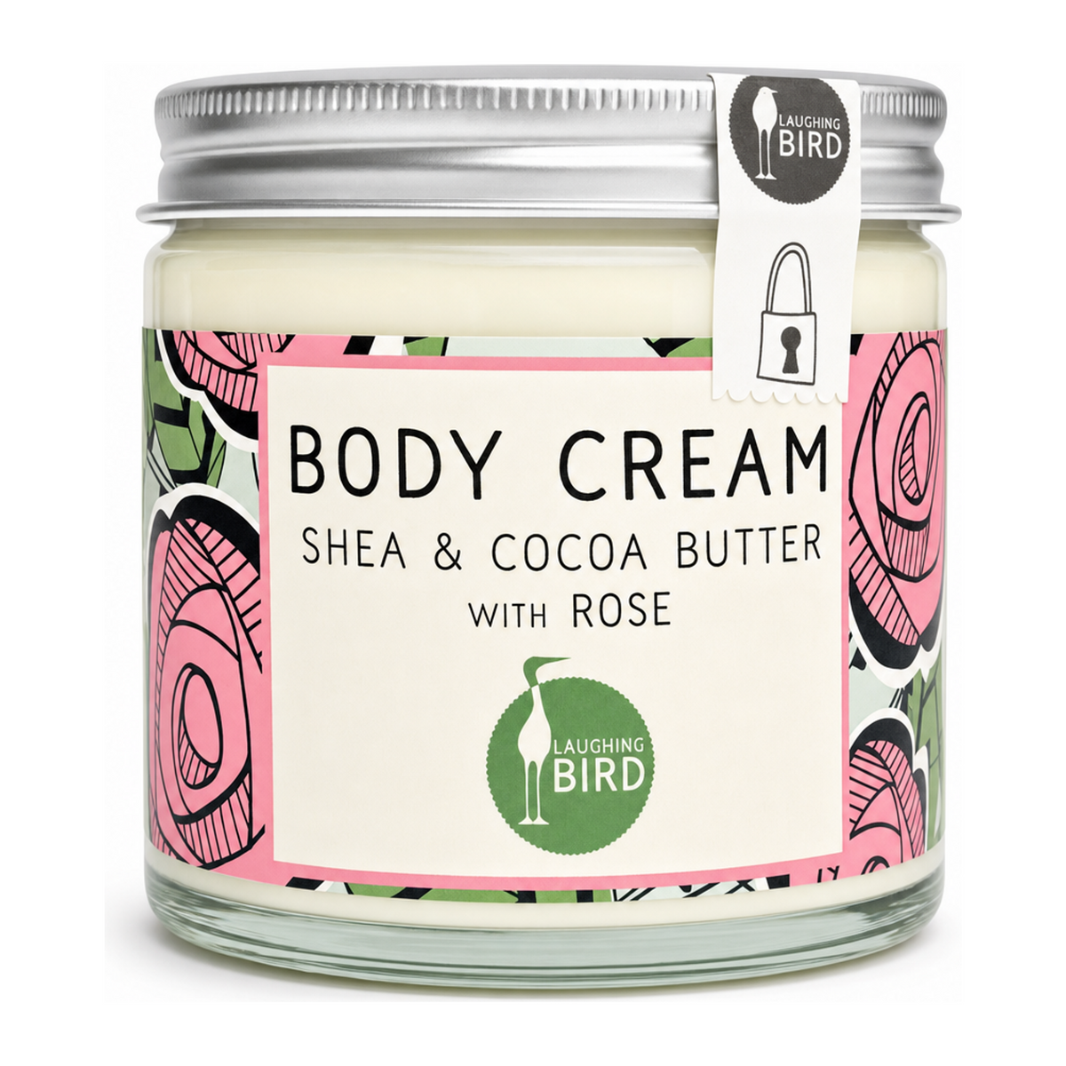 Laughing Bird Shea & Cocoa Butter Body Cream (with Honey & Rose) by Laughing Bird Natural Beauty — front view showing product label and branding, studio product photo on white background