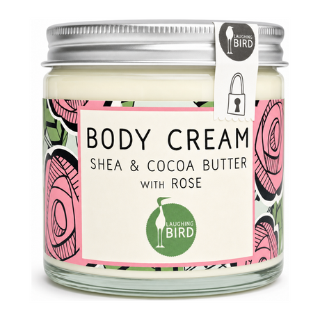 Laughing Bird Shea & Cocoa Butter Body Cream (with Honey & Rose) by Laughing Bird Natural Beauty — front view showing product label and branding, studio product photo on white background