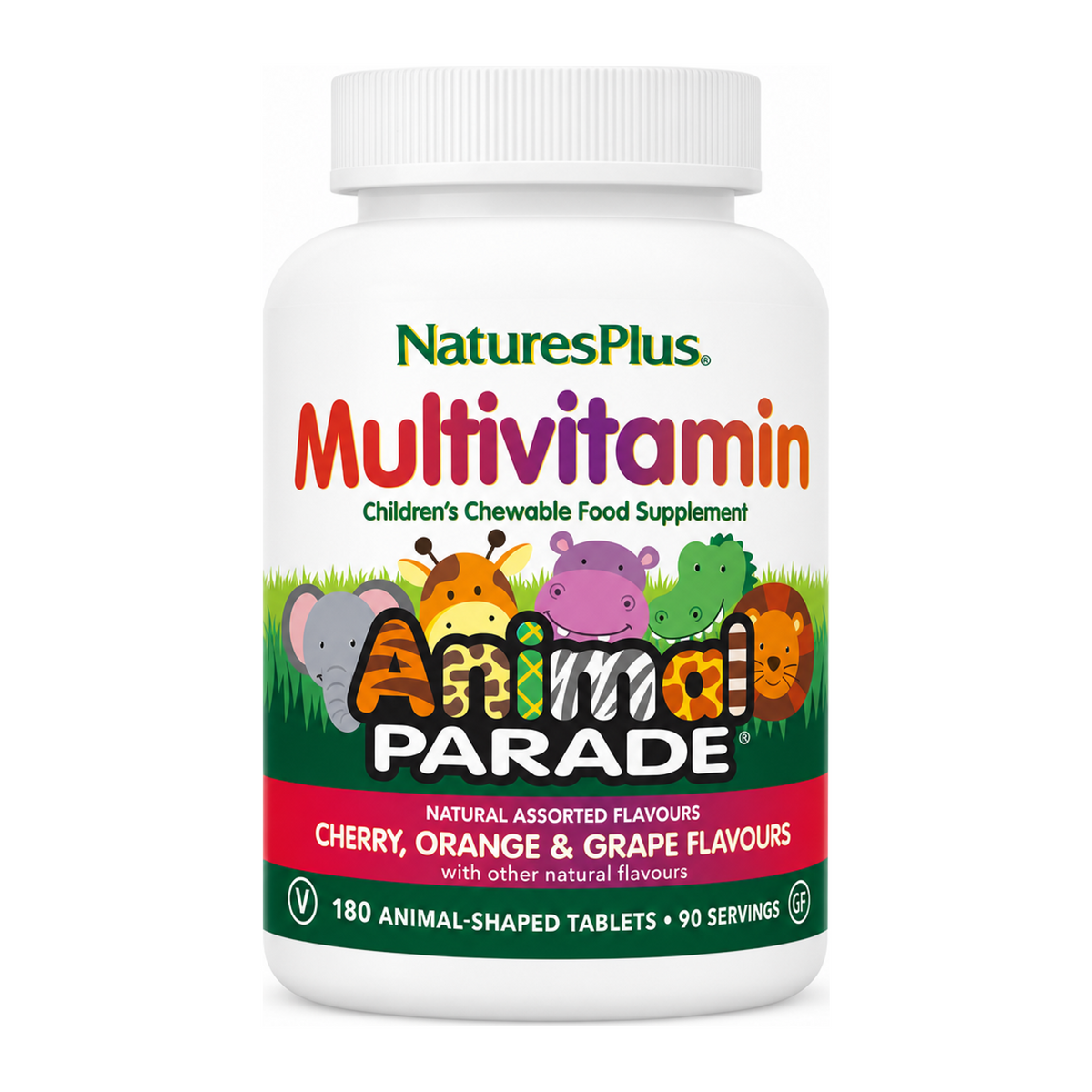Nature's Plus Animal Parade SOL CHILDREN’S MULTIVITAMIN – Natural Assorted cherry, orange, grape – 180 chewable animal shaped tablets by NaturesPlus Natural Remedies — front view showing product label and branding, studio product photo on white background