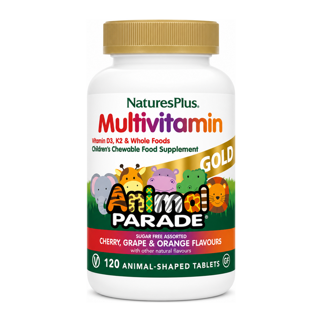 Nature's Plus Animal Parade GOLD Assorted Chew 120 by NaturesPlus Natural Remedies — front view showing product label and branding, studio product photo on white background