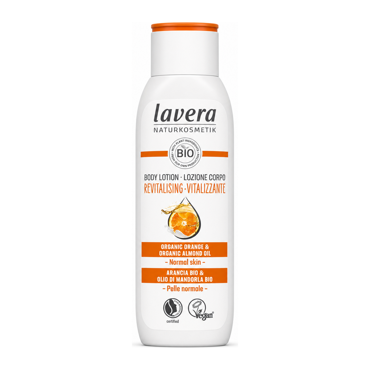 Lavera Orange & Almond Oil Revitalising Body Lotion by Lavera Natural Beauty — front view showing product label and branding, studio product photo on white background