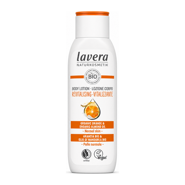 Lavera Orange & Almond Oil Revitalising Body Lotion by Lavera Natural Beauty — front view showing product label and branding, studio product photo on white background