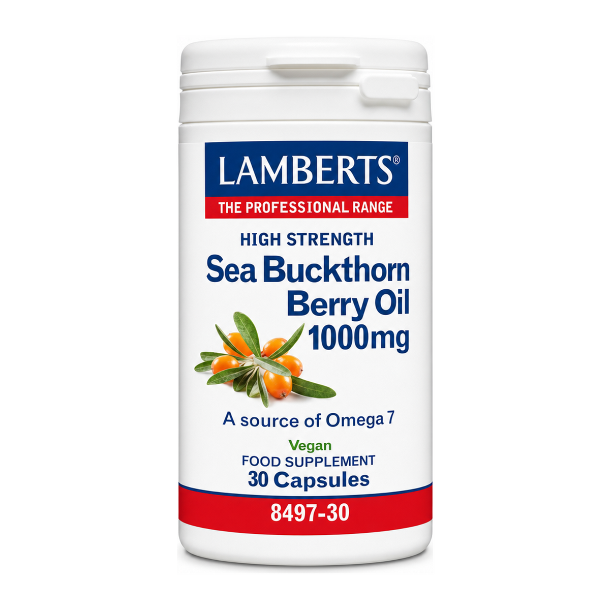 LAMBERTS Sea Buckthorn Berry Oil 1000mg by Lamberts Natural Remedies — front view showing product label and branding, studio product photo on white background