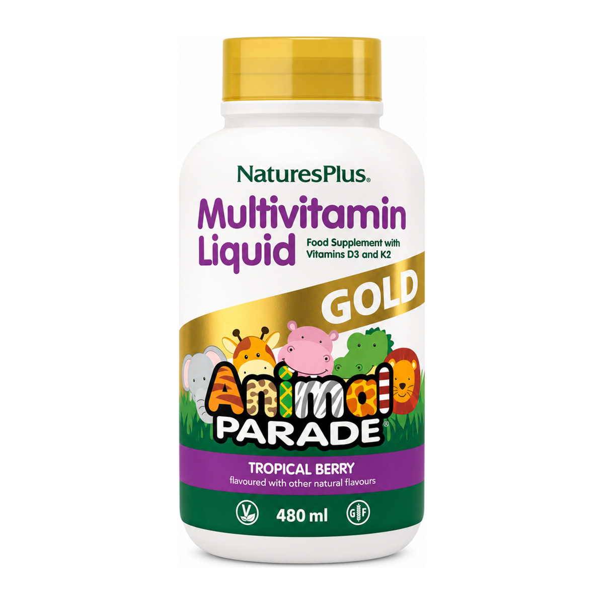 Source of Life Animal Parade GOLD Liquid Multivitamin by NaturesPlus Natural Remedies — front view showing product label and branding, studio product photo on white background