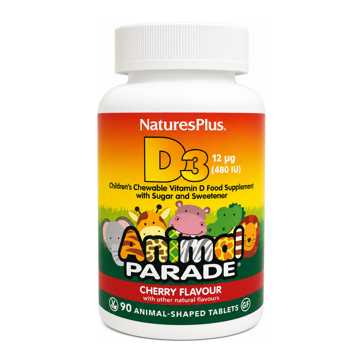 Nature's Plus Animal Parade VIT D3 500 IU Children's Chewable by NaturesPlus Natural Remedies — front view showing product label and branding, studio product photo on white background