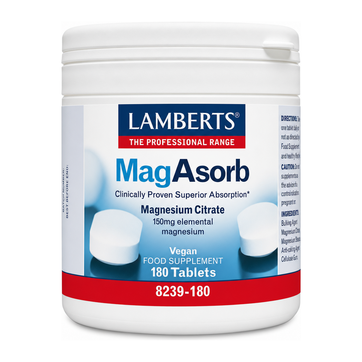 LAMBERTS MagAsorb® Magnesium Citrate 150mg by Lamberts Natural Remedies — front view showing product label and branding, studio product photo on white background