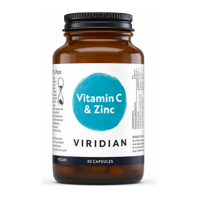 Viridian Vitamin C 500mg with Zinc by Viridian Natural Remedies — front view showing product label and branding, studio product photo on white background