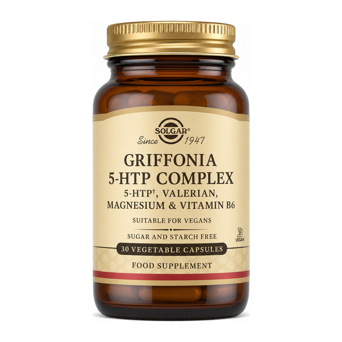 Solgar 5-HTP (L-5-Hydroxytryptophan) by Solgar Natural Remedies — front view showing product label and branding, studio product photo on white background