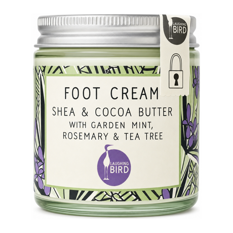 Laughing Bird Shea Butter Foot Cream with Mint, Rosemary & Tea Tree by Laughing Bird Natural Beauty — front view showing product label and branding, studio product photo on white background