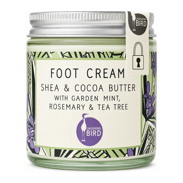 Laughing Bird Shea Butter Foot Cream with Mint, Rosemary & Tea Tree by Laughing Bird Natural Beauty — front view showing product label and branding, studio product photo on white background