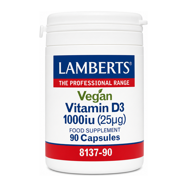 LAMBERTS Vegan Vitamin D3 1000iu (25µg) by Lamberts Natural Remedies — front view showing product label and branding, studio product photo on white background