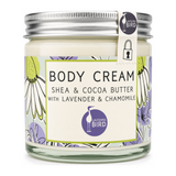 Laughing Bird Shea & Cocoa Butter Body Cream with Lavender & Chamomile by Laughing Bird Natural Beauty — front view showing product label and branding, studio product photo on white background