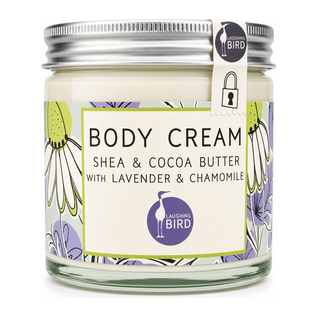 Laughing Bird Shea & Cocoa Butter Body Cream with Lavender & Chamomile by Laughing Bird Natural Beauty — front view showing product label and branding, studio product photo on white background