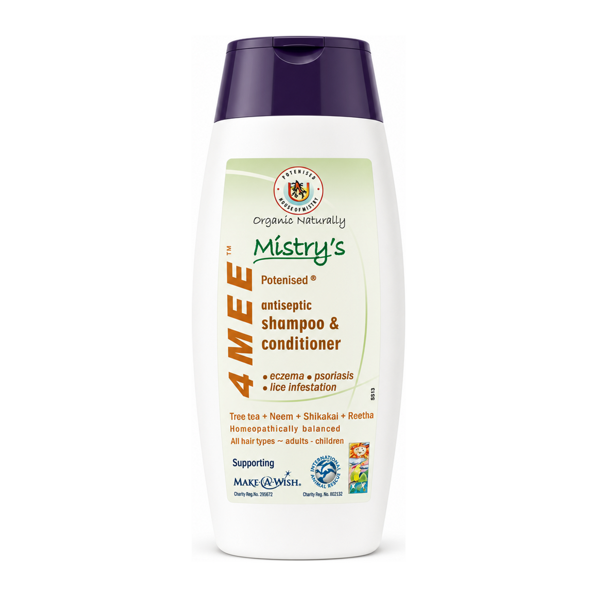 Mistry's Potenised 4MEE Antiseptic Shampoo & Conditioner by Mistry's Natural Beauty — front view showing product label and branding, studio product photo on white background