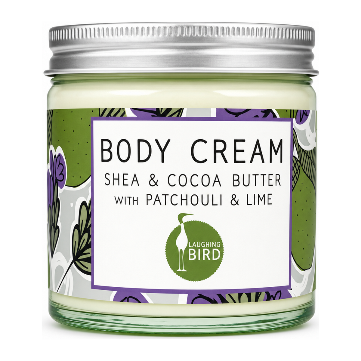 Laughing Bird Body Cream Patchouli & Lime by Laughing Bird Natural Beauty — front view showing product label and branding, studio product photo on white background