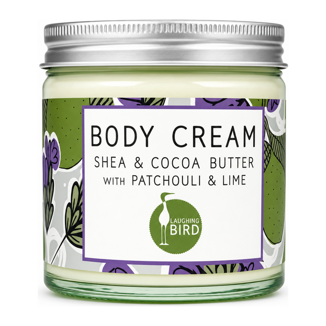 Laughing Bird Body Cream Patchouli & Lime by Laughing Bird Natural Beauty — front view showing product label and branding, studio product photo on white background