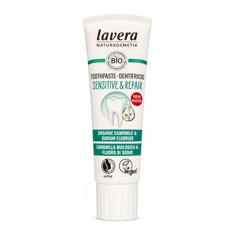 Lavera Sensitive & Repair Toothpaste by Lavera Natural Beauty — front view showing product label and branding, studio product photo on white background