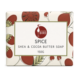 Laughing Bird Spice Soap with Shea and Cocoa Butter by Laughing Bird Natural Beauty — front view showing product label and branding, studio product photo on white background