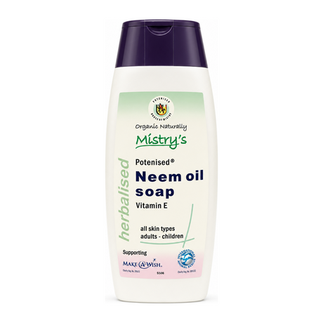 Mistrys Neem Oil  soap with Vitamin E by Mistry's Natural Beauty — front view showing product label and branding, studio product photo on white background