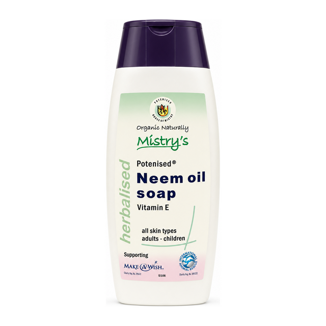 Mistrys Neem Oil  soap with Vitamin E by Mistry's Natural Beauty — front view showing product label and branding, studio product photo on white background