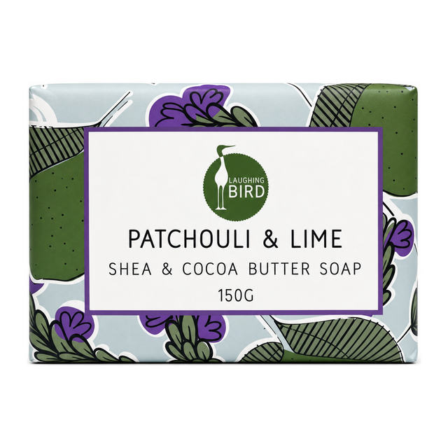 Laughing Bird Patchouli & Lime Soap by Laughing Bird Natural Beauty — front view showing product label and branding, studio product photo on white background