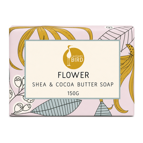 Laughing Bird Flower Soap with Shea and Cocoa Butter by Laughing Bird Natural Beauty — front view showing product label and branding, studio product photo on white background