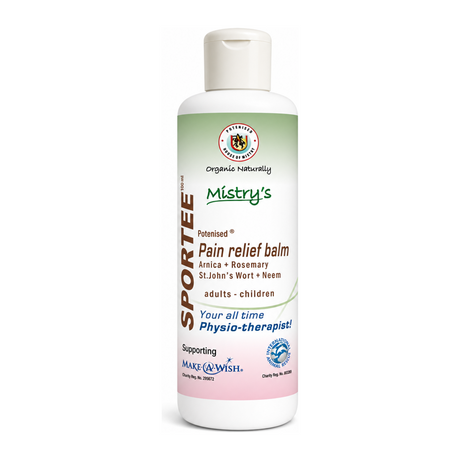 Mistry's Sportee Pain Relief Balm by Mistry's Natural Beauty — front view showing product label and branding, studio product photo on white background