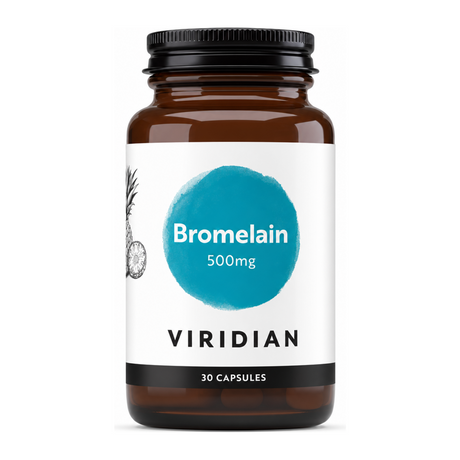 Viridian Bromelain 500mg by Viridian Natural Remedies — front view showing product label and branding, studio product photo on white background