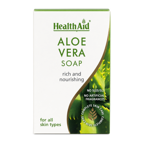 HealthAid Aloe Vera Soap by HealthAid Natural Beauty — front view showing product label and branding, studio product photo on white background
