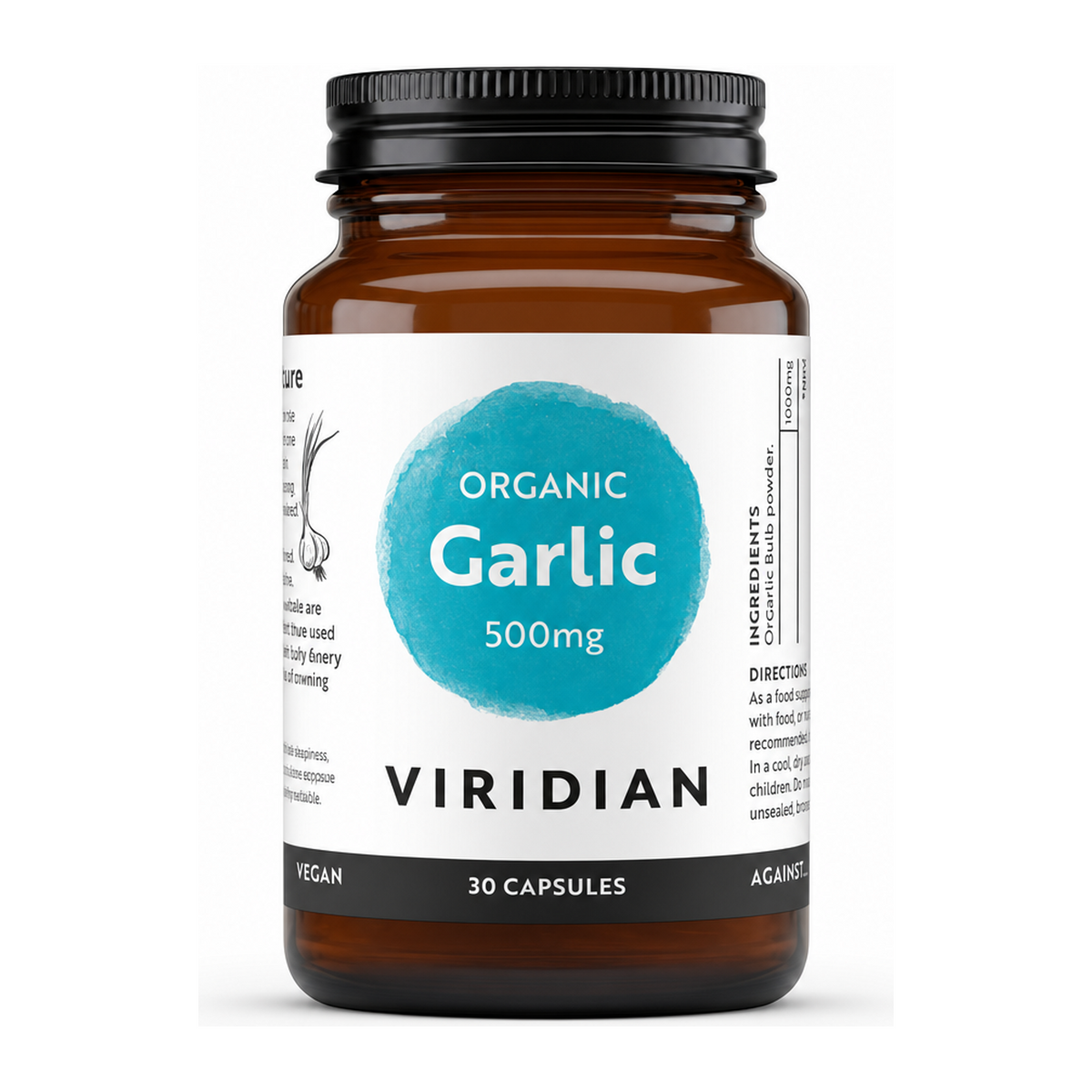 Viridian Organic Garlic 500mg by Viridian Natural Remedies — front view showing product label and branding, studio product photo on white background