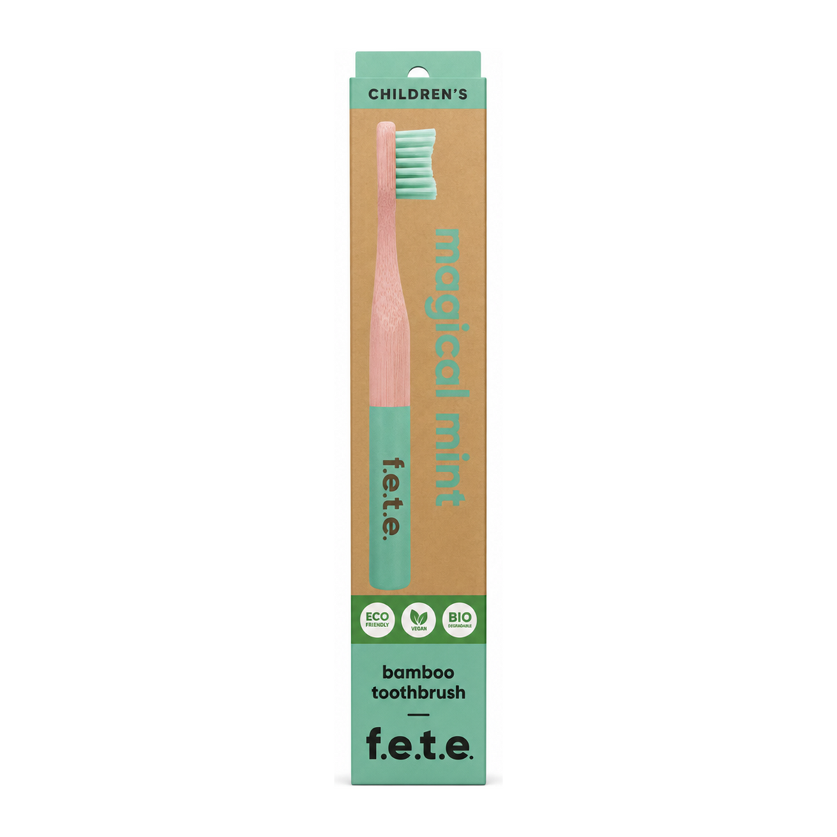 From Earth to Earth Bamboo Tooth Brush Magical Mint - Mint Green Child 1 Unit by F.e.t.e Natural Beauty — front view showing product label and branding, studio product photo on white background