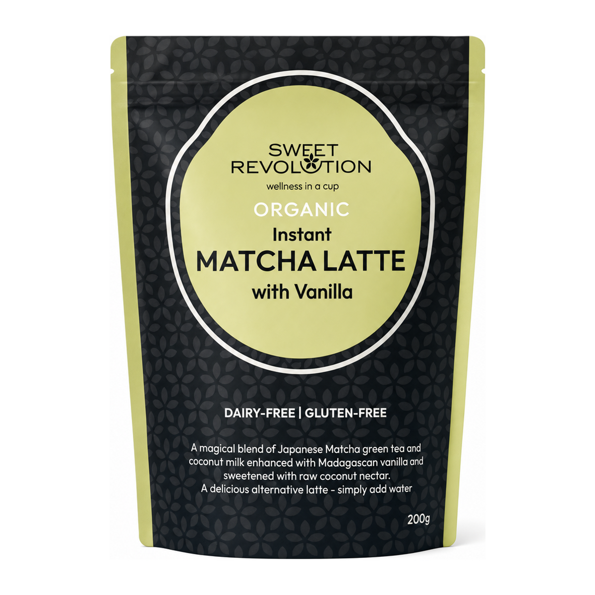 Sweet Revolution Organic Instant Matcha Latte by Sweet Revolution Food & Drinks — front view showing product label and branding, studio product photo on white background