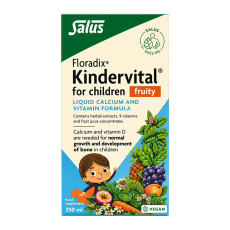 Floradix Kindervital Fruity Formula for Children by Salus Natural Remedies — front view showing product label and branding, studio product photo on white background
