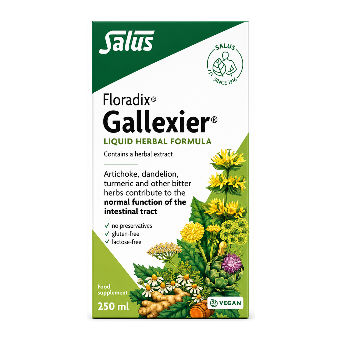 Floradix Gallexier artichoke food supplement ml by Salus Natural Remedies — front view showing product label and branding, studio product photo on white background