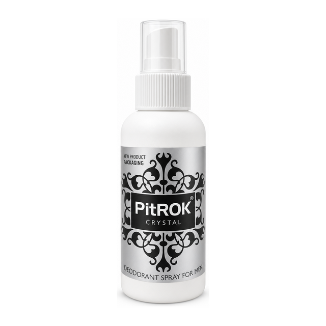 Pitrok Crystal Fragranced Deodorant Spray for Men by Pitrok Natural Beauty — front view showing product label and branding, studio product photo on white background