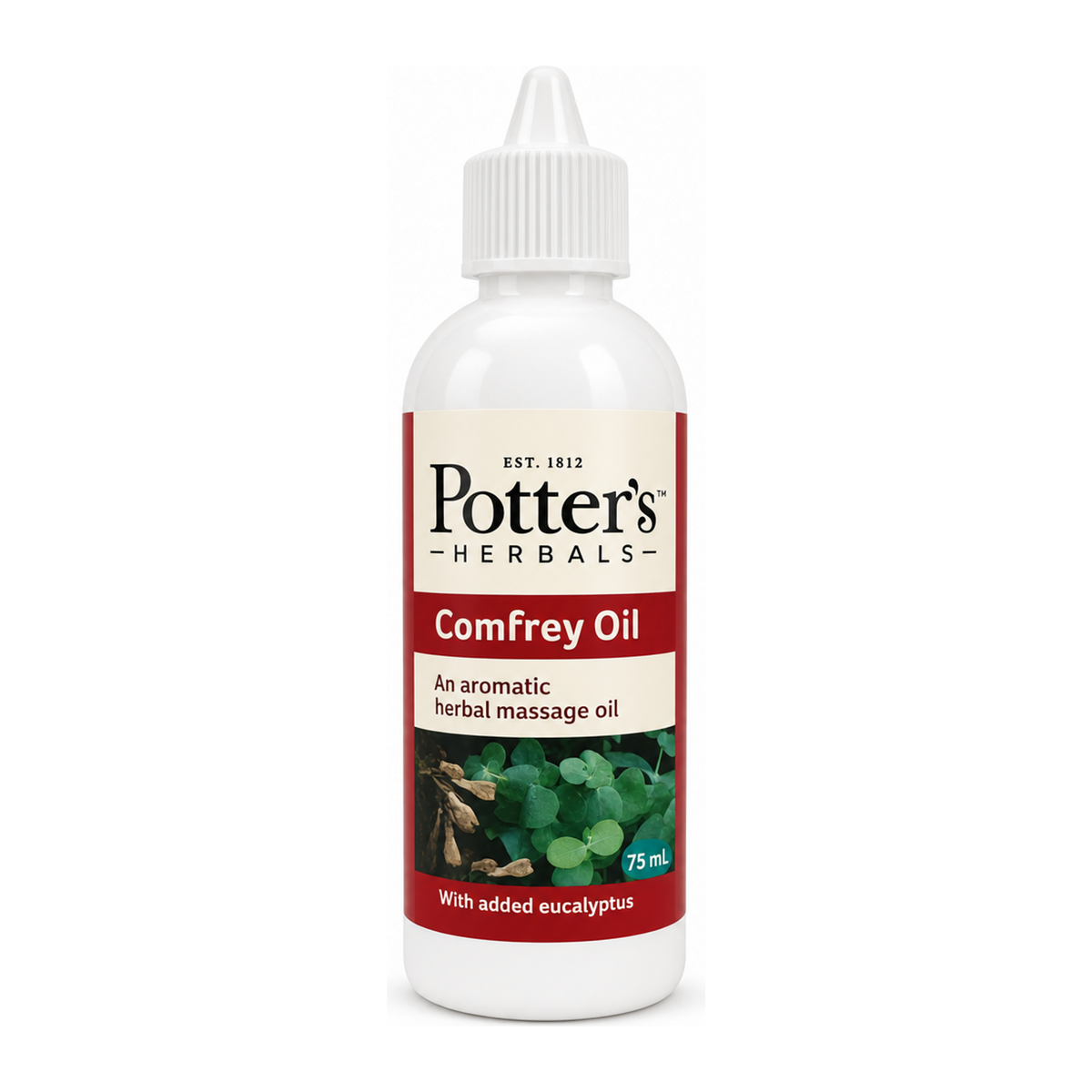 Potters Comfrey Oil with Eucalyptus by Potter's Herbals Natural Beauty — front view showing product label and branding, studio product photo on white background