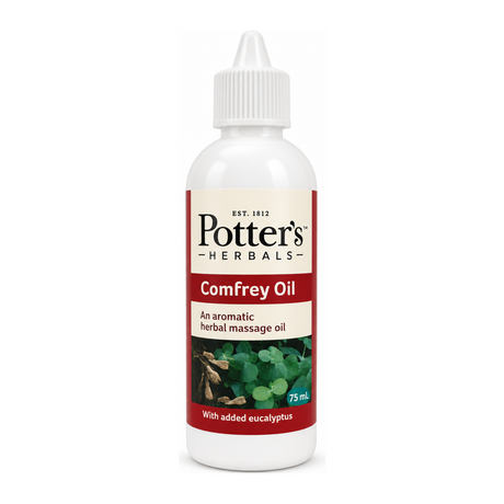 Potters Comfrey Oil with Eucalyptus by Potter's Herbals Natural Beauty — front view showing product label and branding, studio product photo on white background