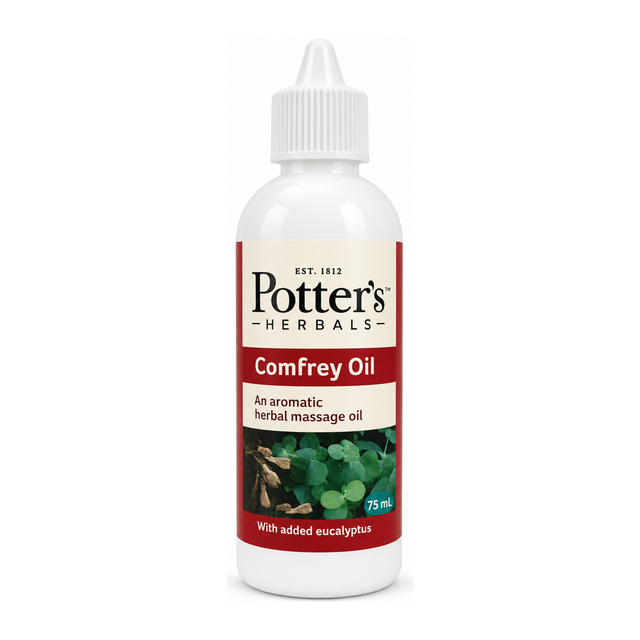 Potters Comfrey Oil with Eucalyptus by Potter's Herbals Natural Beauty — front view showing product label and branding, studio product photo on white background