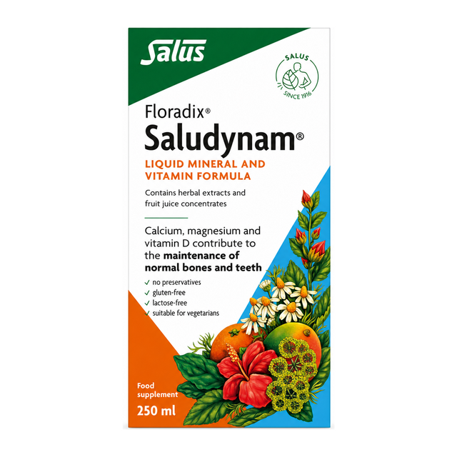 Floradix Saludynam Liquid Formula by Salus Natural Remedies — front view showing product label and branding, studio product photo on white background