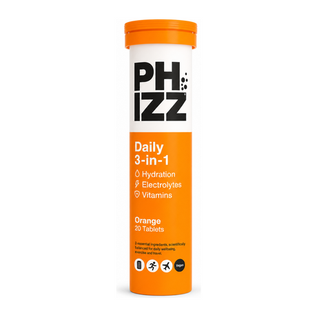 Phizz 3in1 Hydration Electrolytes Vitamins - Orange - 20 Tabs by Phizz Natural Remedies — front view showing product label and branding, studio product photo on white background