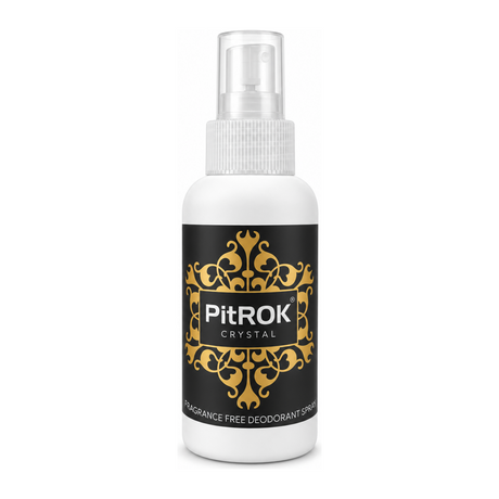 Pitrok Crystal Natural Deodorant Spray by PitRok Personal Care — front view showing product label and branding, studio product photo on white background