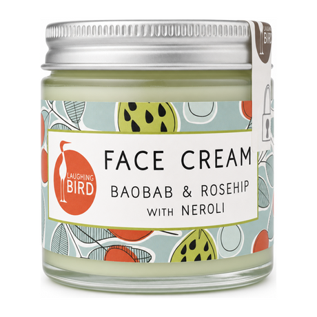 Laughing Bird Baobab & Rosehip Face Cream (with Neroli) by Laughing Bird Natural Beauty — front view showing product label and branding, studio product photo on white background