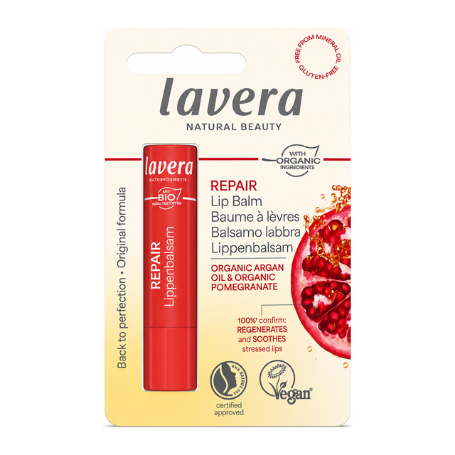 lavera REPAIR LIP BALM by Lavera Natural Beauty — front view showing product label and branding, studio product photo on white background
