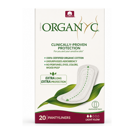 Organyc Extra Long flat panty liners light flow by Organyc Natural Beauty — front view showing product label and branding, studio product photo on white background