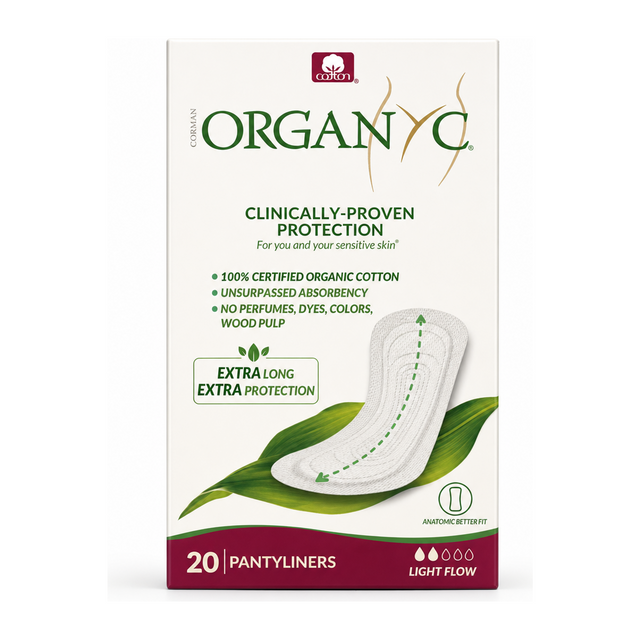 Organyc Extra Long flat panty liners light flow by Organyc Natural Beauty — front view showing product label and branding, studio product photo on white background