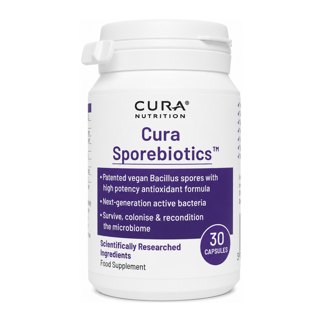 Cura Sporebiotics 30 Caps by Cura Nutrition Natural Remedies — front view showing product label and branding, studio product photo on white background