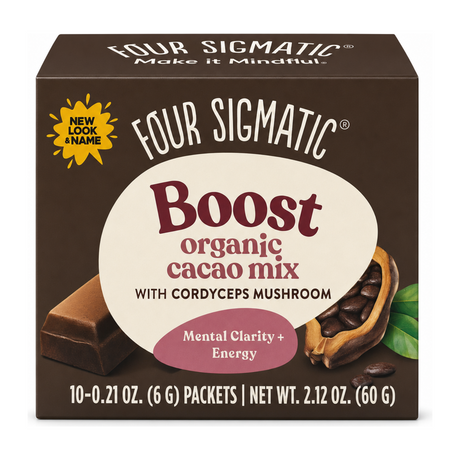 Four Sigma Foods Mushroom Hot Cacao Mix with Cordyceps 10 Sachets by Four Sigmatic Beverages — front view showing product label and branding, studio product photo on white background