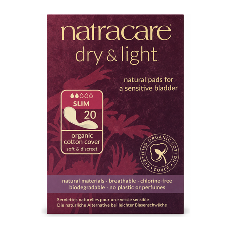 Natracare Dry & Light Incontinence Pads Slim x 20 by Natracare Natural Beauty — front view showing product label and branding, studio product photo on white background
