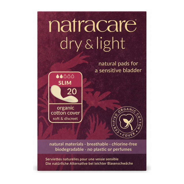 Natracare Dry & Light Incontinence Pads Slim x 20 by Natracare Natural Beauty — front view showing product label and branding, studio product photo on white background