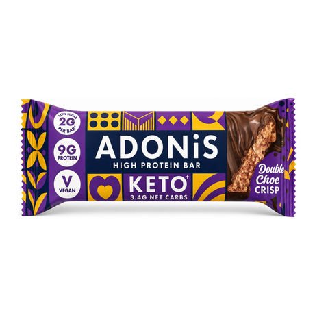Adonis Double Choc Crisp Protein Bar by Adonis Health Food — front view showing product label and branding, studio product photo on white background
